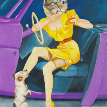 Painting titled "Les chattes en foli…" by Brataine, Original Artwork, Oil