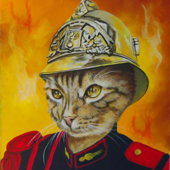 Peinture intitulée "le feu, Pompon chat…" par Brataine, Œuvre d'art originale, Huile