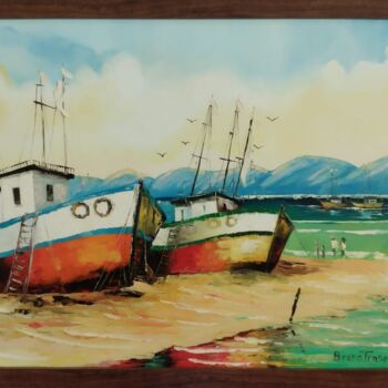 Painting titled "Barcos na Areia" by Breno Chieppe Traspadini, Original Artwork, Oil Mounted on Wood Panel