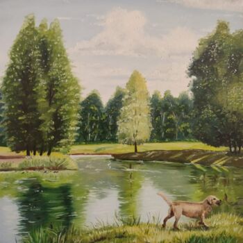 Pintura intitulada "Cão à beira do lago" por Breno Chieppe Traspadini, Obras de arte originais, Óleo Montado em Painel de ma…