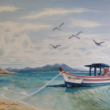 Painting titled "Barco Ancorado na B…" by Breno Chieppe Traspadini, Original Artwork, Oil Mounted on Wood Panel