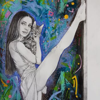 Dessin intitulée "La Yogi au chat" par Bretzel, Œuvre d'art originale, Crayon