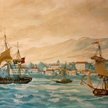 Peinture intitulée "vue-rade-de-saint-d…" par Les Décors Des Mers Du Sud, Œuvre d'art originale