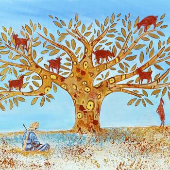 Malarstwo zatytułowany „L' arbre à chèvres.” autorstwa Brigitte Andre, Oryginalna praca, Akryl Zamontowany na Drewniana rama…