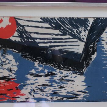 Druckgrafik mit dem Titel "Blue Coque" von Brigitte Barcelo, Original-Kunstwerk, Holzschnitt Auf Karton montiert