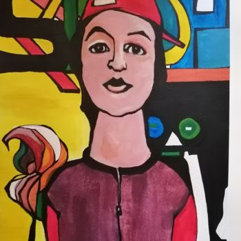 Peinture intitulée "la casquette rouge" par Brigitte Benitah, Œuvre d'art originale, Acrylique
