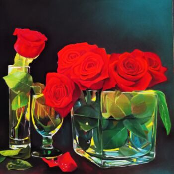 Painting titled "Verre et roses roug…" by Brigitte Bouron, Original Artwork, Pastel