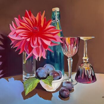 Painting titled "Prunes et dahlia" by Brigitte Bouron, Original Artwork, Pastel