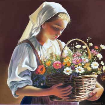 Pintura intitulada "Panier de fleurs" por Brigitte Bouron, Obras de arte originais, Pastel