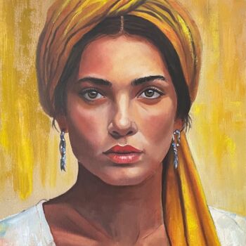Painting titled "Le turban jaune" by Brigitte Bouron, Original Artwork, Oil