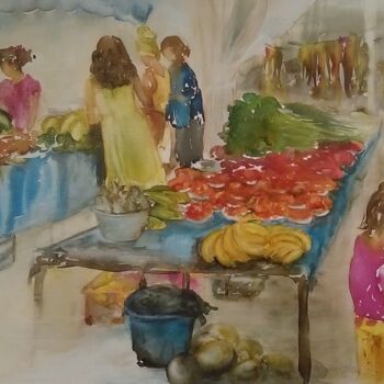 Painting titled "Marché  de Guyane" by Brigitte Chevalier, Original Artwork, Ink