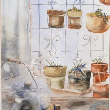 Painting titled "A la fenêtre" by Brigitte Chevalier, Original Artwork, Watercolor