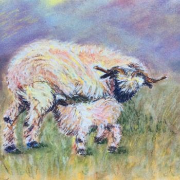 Peinture intitulée "Brebis et son agneau" par Brigitte Givel, Œuvre d'art originale, Pastel Monté sur Verre