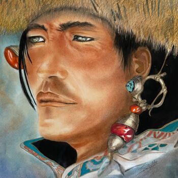 Pintura intitulada "Le Cavalier Khampa" por Brigitte Jorda Juan, Obras de arte originais, Aquarela Montado em Painel de made…