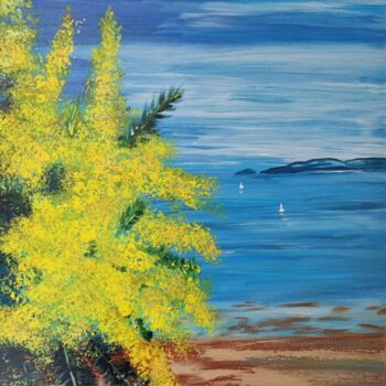 Malerei mit dem Titel "Mimosen am Strand" von Brigitte Kölli, Original-Kunstwerk, Acryl