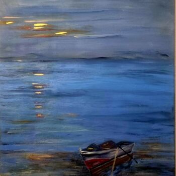 Malerei mit dem Titel "Fischerboot am Abend" von Brigitte Kölli, Original-Kunstwerk, Acryl