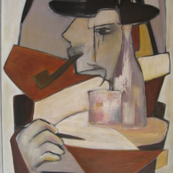 「HOMME à la PIPE」というタイトルの絵画 Brigitte Kriefによって, オリジナルのアートワーク, オイル ウッドストレッチャーフレームにマウント