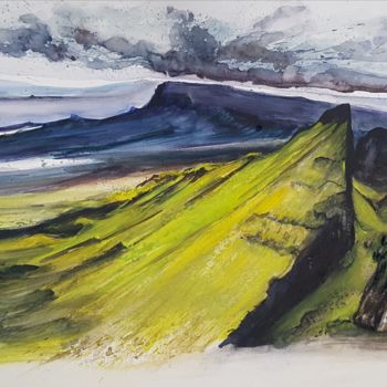 Malerei mit dem Titel "Iles de Sky Écosse" von Brigitte Martin Dan, Original-Kunstwerk, Aquarell Auf Holzplatte montiert