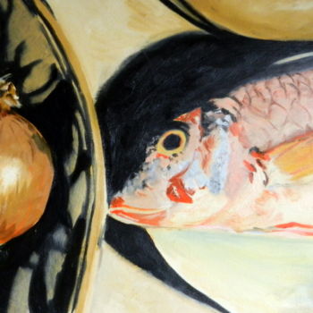 Painting titled "Poisson et oignons" by Brigitte Mathé (MBL), Original Artwork, Oil Mounted on Wood Stretcher frame