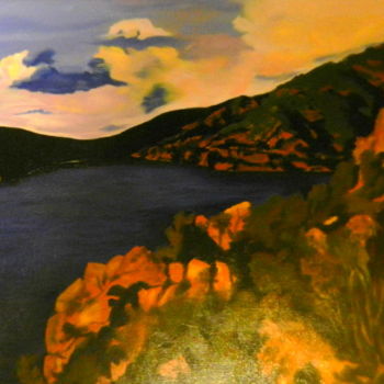 Painting titled "Baie aux rochers ro…" by Brigitte Mathé (MBL), Original Artwork, Oil Mounted on Wood Stretcher frame