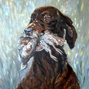 Painting titled "chien et becasse" by Brigitte Nellissen (Ster), Original Artwork, Oil