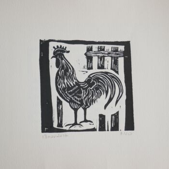 Gravures & estampes intitulée "COQ NOIR" par Brigitte Neuve-Eglise (enerenroad), Œuvre d'art originale, Linogravures