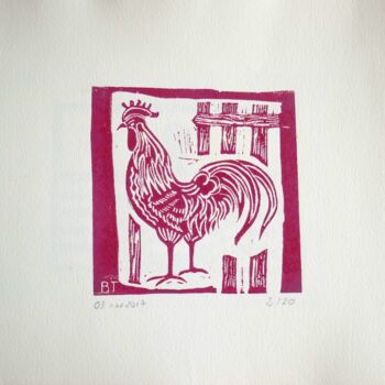 Gravures & estampes intitulée "COQ ROUGE" par Brigitte Neuve-Eglise (enerenroad), Œuvre d'art originale, Linogravures