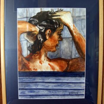 Painting titled "SOUS LA DOUCHE" by Brigitte Payen (B.PAYEN), Original Artwork, Watercolor Mounted on Glass