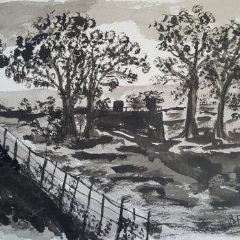 Dessin intitulée "PAYSAGE CAMPAGNARD" par Brigitte Payen (B.PAYEN), Œuvre d'art originale, Encre