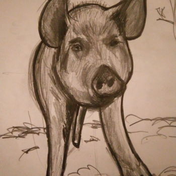 Tekening getiteld "Pig save" door Brigitte Vegan, Origineel Kunstwerk, Potlood