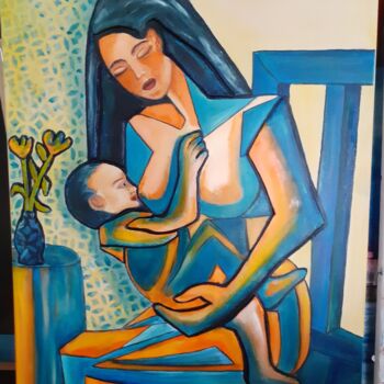 Peinture intitulée "un amour maternel" par Brigitte Bodo, Œuvre d'art originale, Huile Monté sur Châssis en bois
