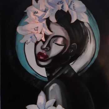 Painting titled "femme fleurs  5" by Brigitte Bodo, Original Artwork, Oil Mounted on Wood Stretcher frame