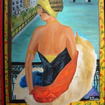 Peinture intitulée "dame au balcon" par Brigitte Bodo, Œuvre d'art originale, Huile Monté sur Châssis en bois