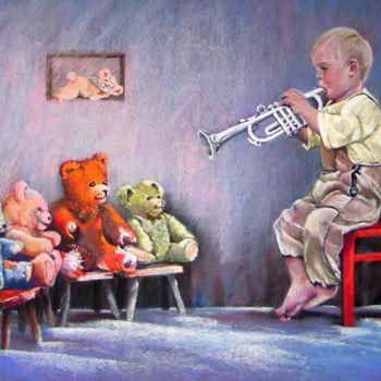 Painting titled "TEDDY BEAR'S MELODY" by Brigitte Charles, Original Artwork, Oil