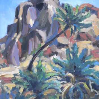 Peinture intitulée "Rocher et palmier" par Brigitte Godeau, Œuvre d'art originale, Huile Monté sur Châssis en bois