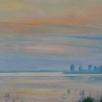 Painting titled "Evening Lake" by Sergei Smv, Original Artwork, Oil Mounted on Other rigid panel