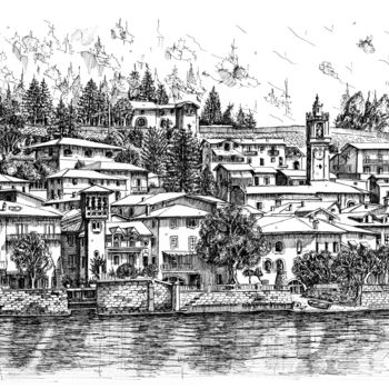 Dessin intitulée "Lago di Como-Argegno" par Franko Brkac, Œuvre d'art originale, Encre