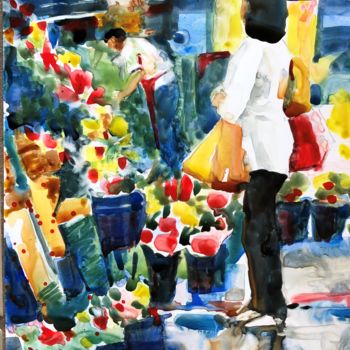 Painting titled "Flower market" by Bronwen Jones, Original Artwork, Watercolor