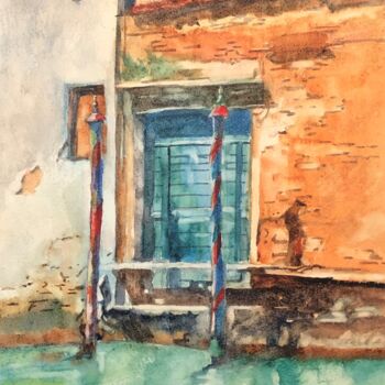 Картина под названием "Venetian Boat Stop" - Bronwen Jones, Подлинное произведение искусства, Акварель