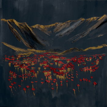 Painting titled "COQUELICOTS & MOUNT…" by Brooke Major, Original Artwork, Oil Mounted on Wood Stretcher frame