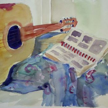 Painting titled "Guitar and pictures" by B.Rossitto, Original Artwork, Watercolor