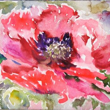 Painting titled "Sunny Day Poppy" by B.Rossitto, Original Artwork, Watercolor Mounted on Other rigid panel