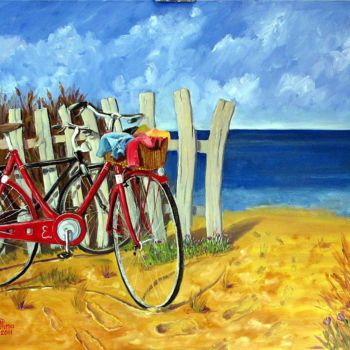 Painting titled "bv1112-la-bici-ross…" by Bruno Vallino, Original Artwork, Oil