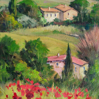 Painting titled "Flowery hill landsc…" by Bruno Chirici, Original Artwork, Oil Mounted on Wood Panel