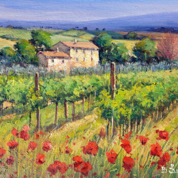 Painting titled "Vineyard flowered l…" by Bruno Chirici, Original Artwork, Oil Mounted on Wood Panel