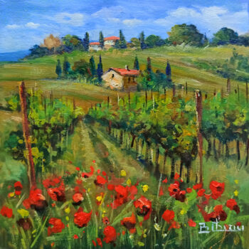 Painting titled "VINEYARD AND POPPIE…" by Bruno Chirici, Original Artwork, Oil Mounted on Wood Stretcher frame