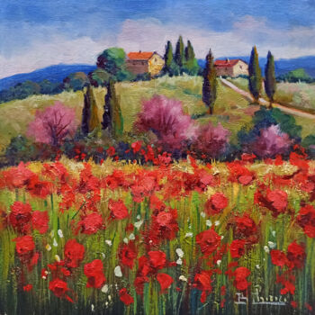 Painting titled "Poppies in bloom -…" by Bruno Chirici, Original Artwork, Oil Mounted on Wood Stretcher frame