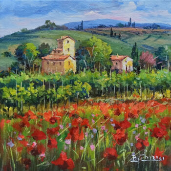 Painting titled "Vineyard blooming i…" by Bruno Chirici, Original Artwork, Oil Mounted on Wood Stretcher frame