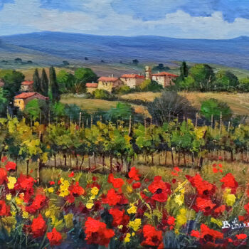 Painting titled "Flowers in the vine…" by Bruno Chirici, Original Artwork, Oil Mounted on Wood Stretcher frame
