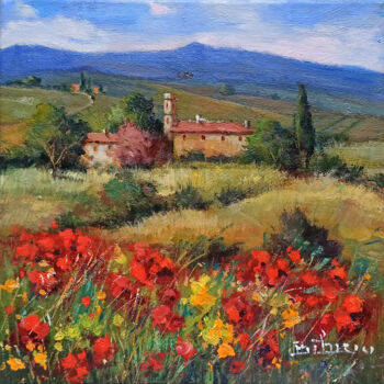 Painting titled "Countryside in bloo…" by Bruno Chirici, Original Artwork, Oil Mounted on Wood Stretcher frame